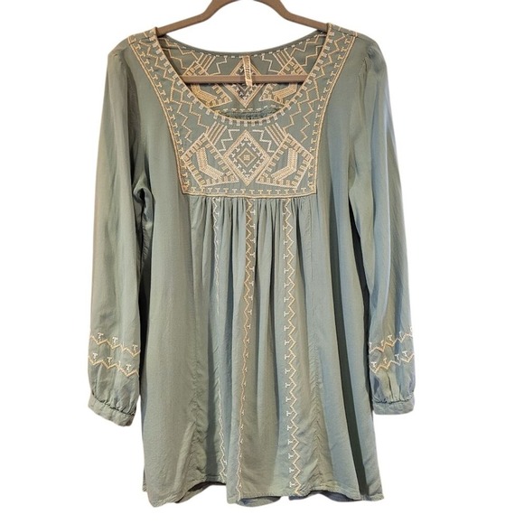 Mororeno Tops - Embroidered Top Light Blue L Artsy Retro 70s Style Boho Festival Cottagecore